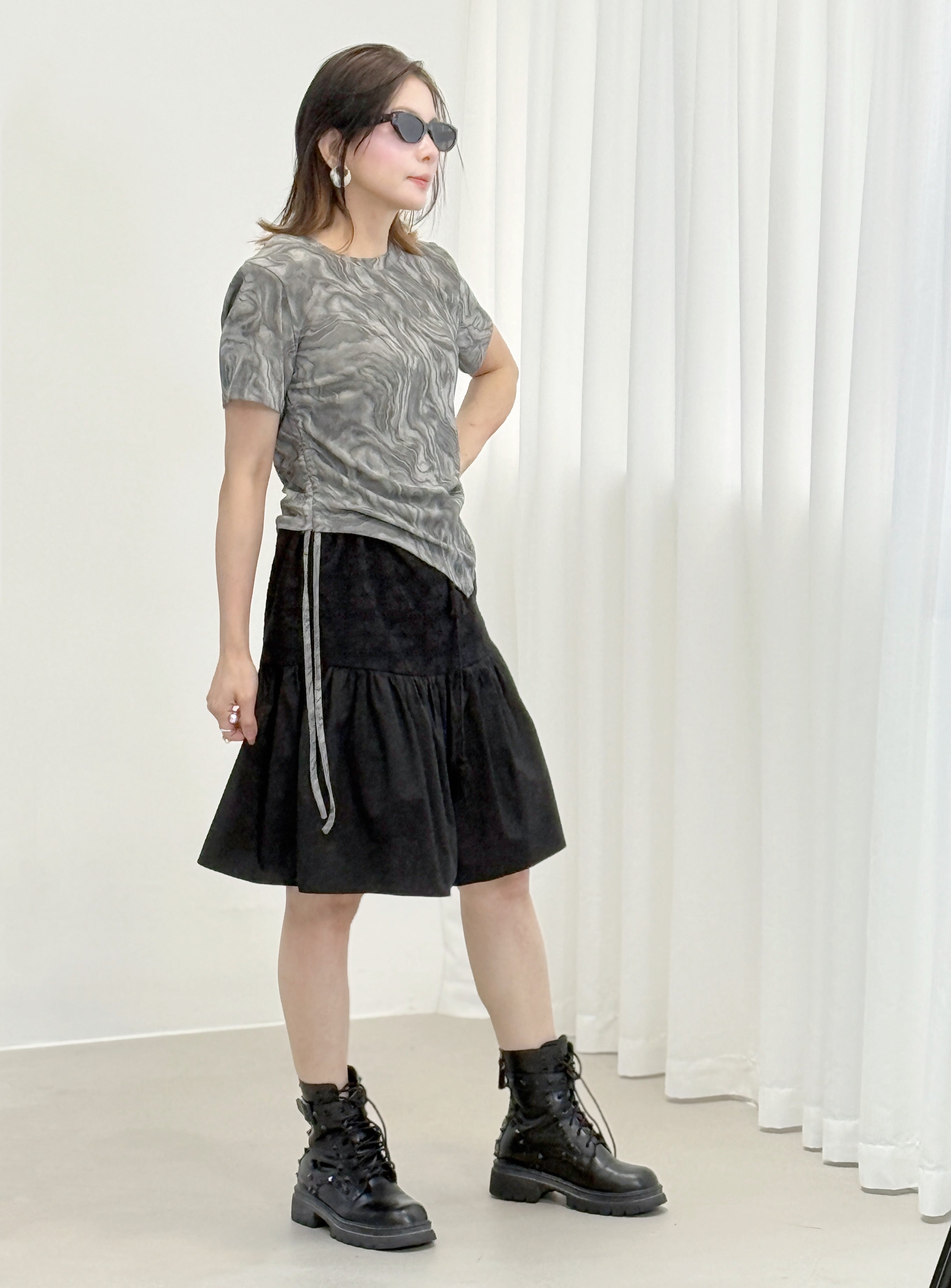 Asymmetric Drawstring Side Mable Printed Top