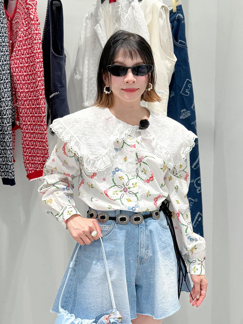 Flap Collar Embroidered Printed Blouse