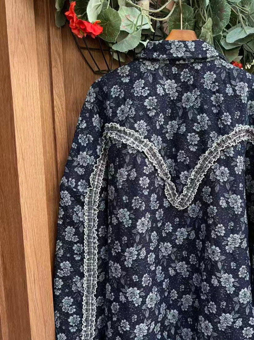 Navy Floral With Ruffle Lace Shirt Jacket
