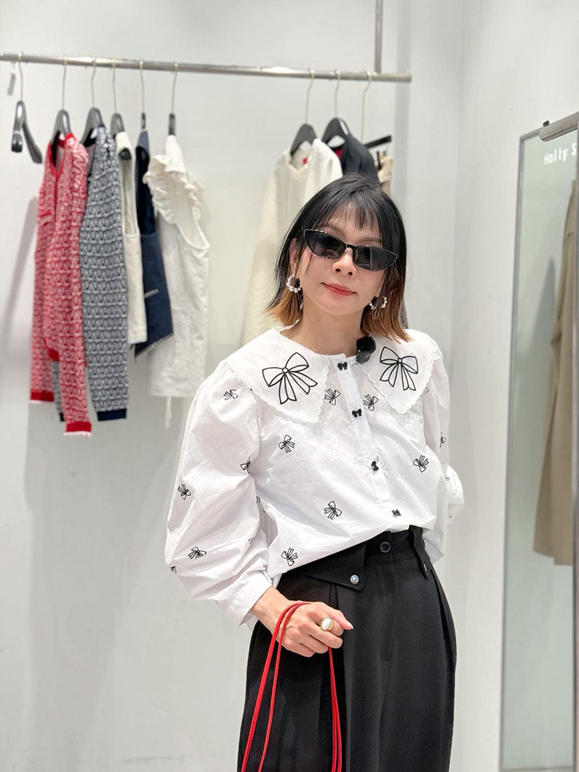 Flap Collar Row Embroidered Blouse