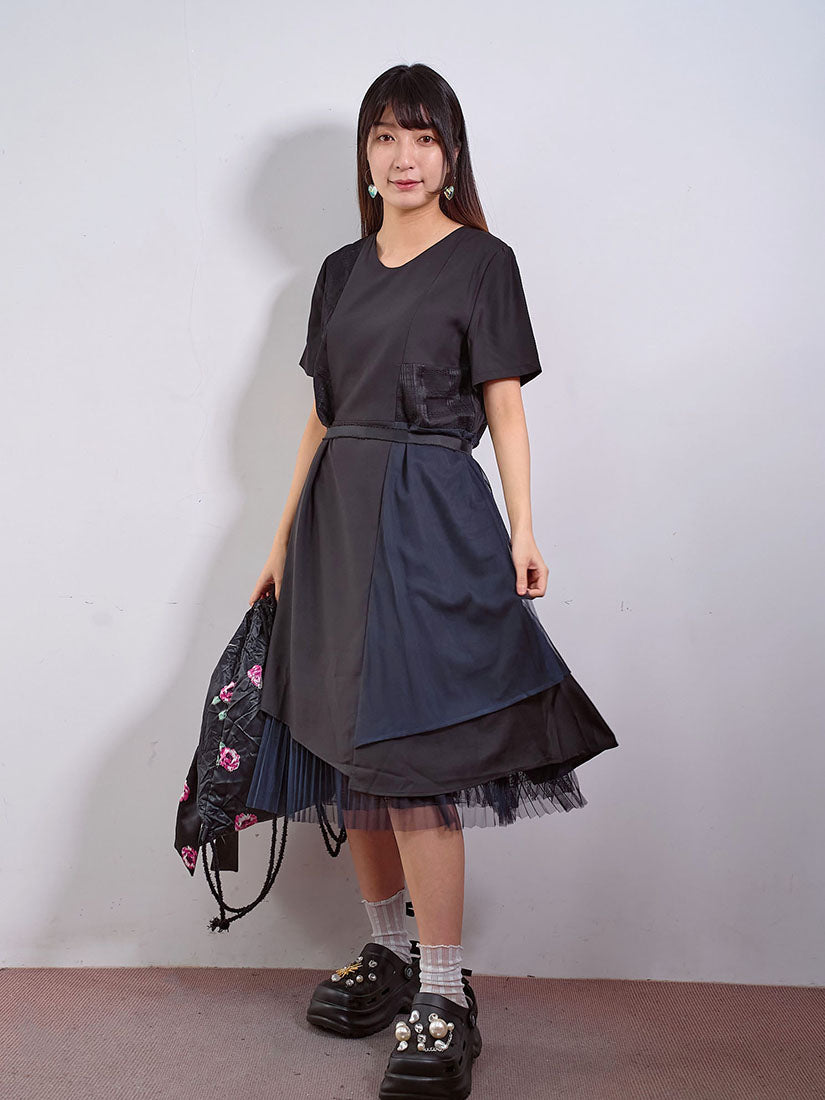 Belted Lace Patched Layered Pleated Hem Dress (2 Colours)