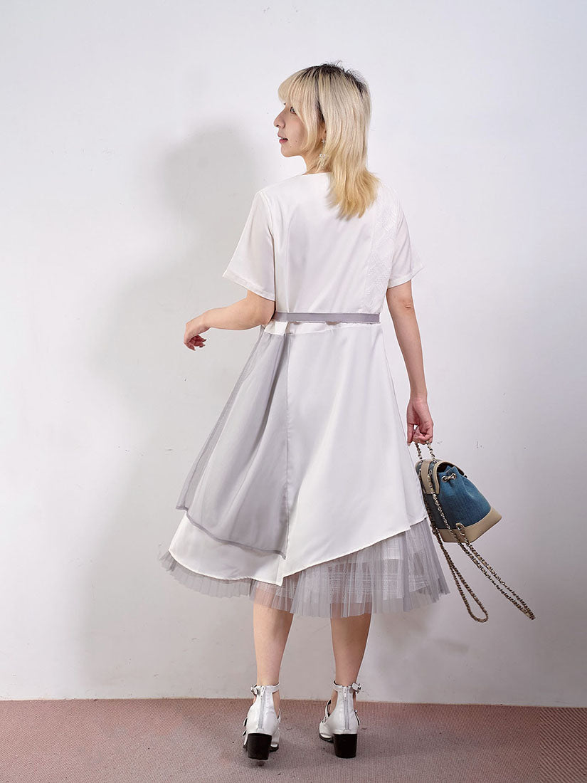 Belted Lace Patched Layered Pleated Hem Dress (2 Colours)