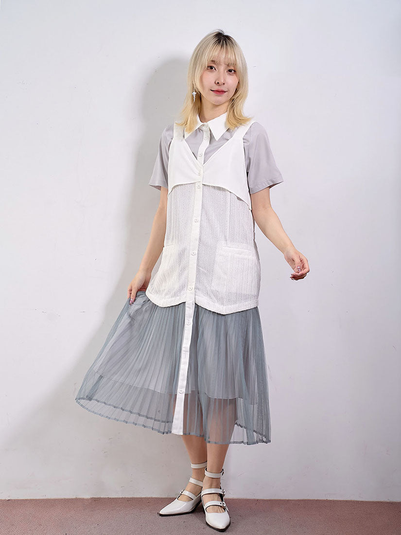 Lace Button Up Vest Dress With Tunic Shirt Set (2 Colours)