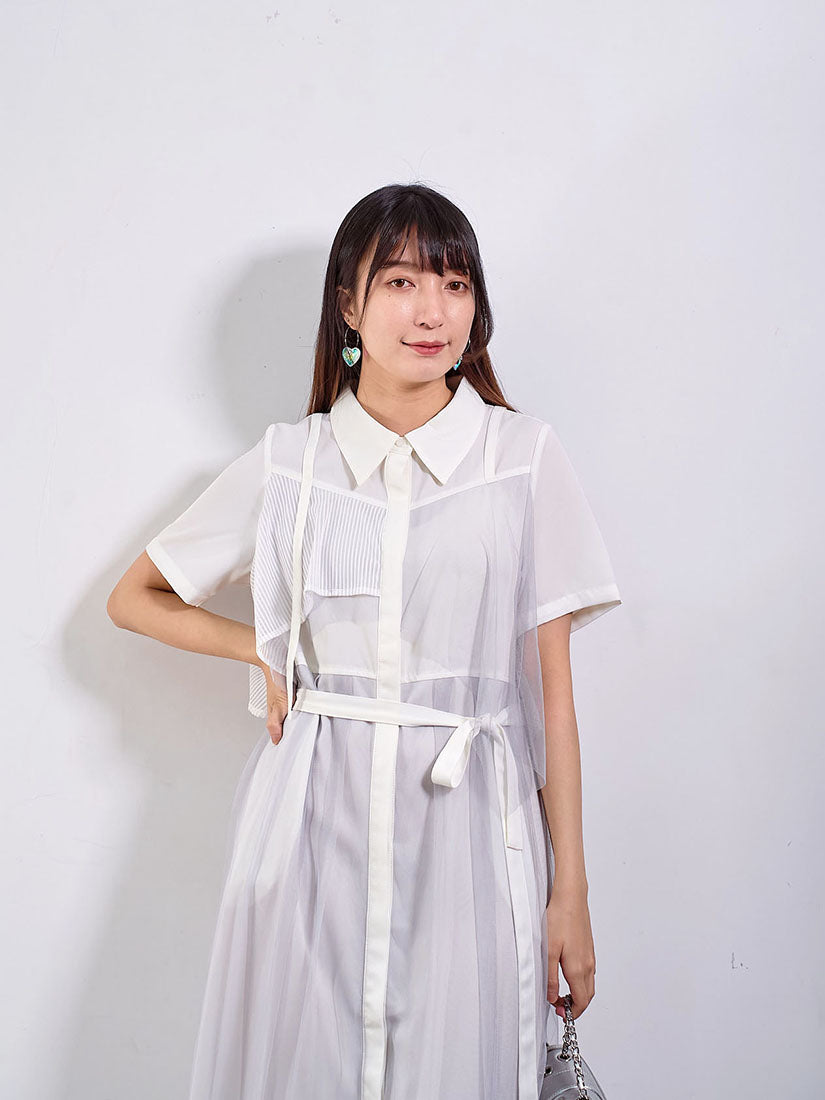 Belted Mesh Layered Pleated Shirt Dress (2 Colours)