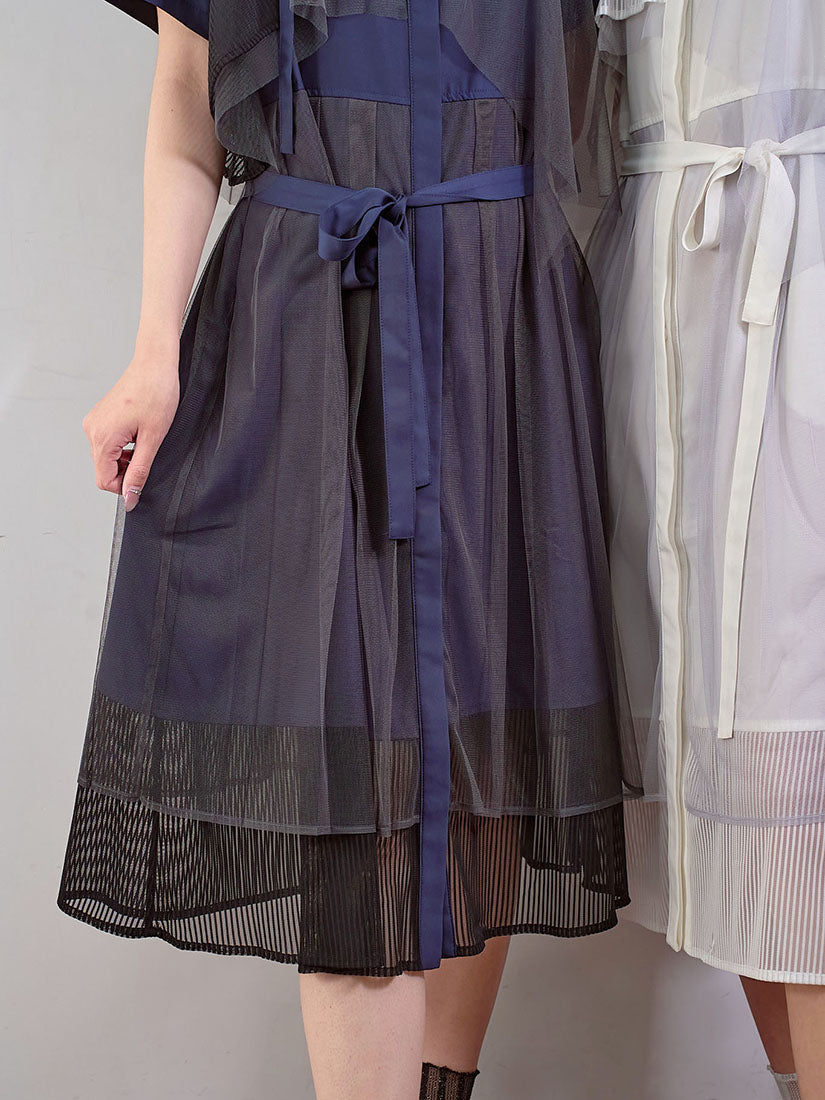 Belted Mesh Layered Pleated Shirt Dress (2 Colours)