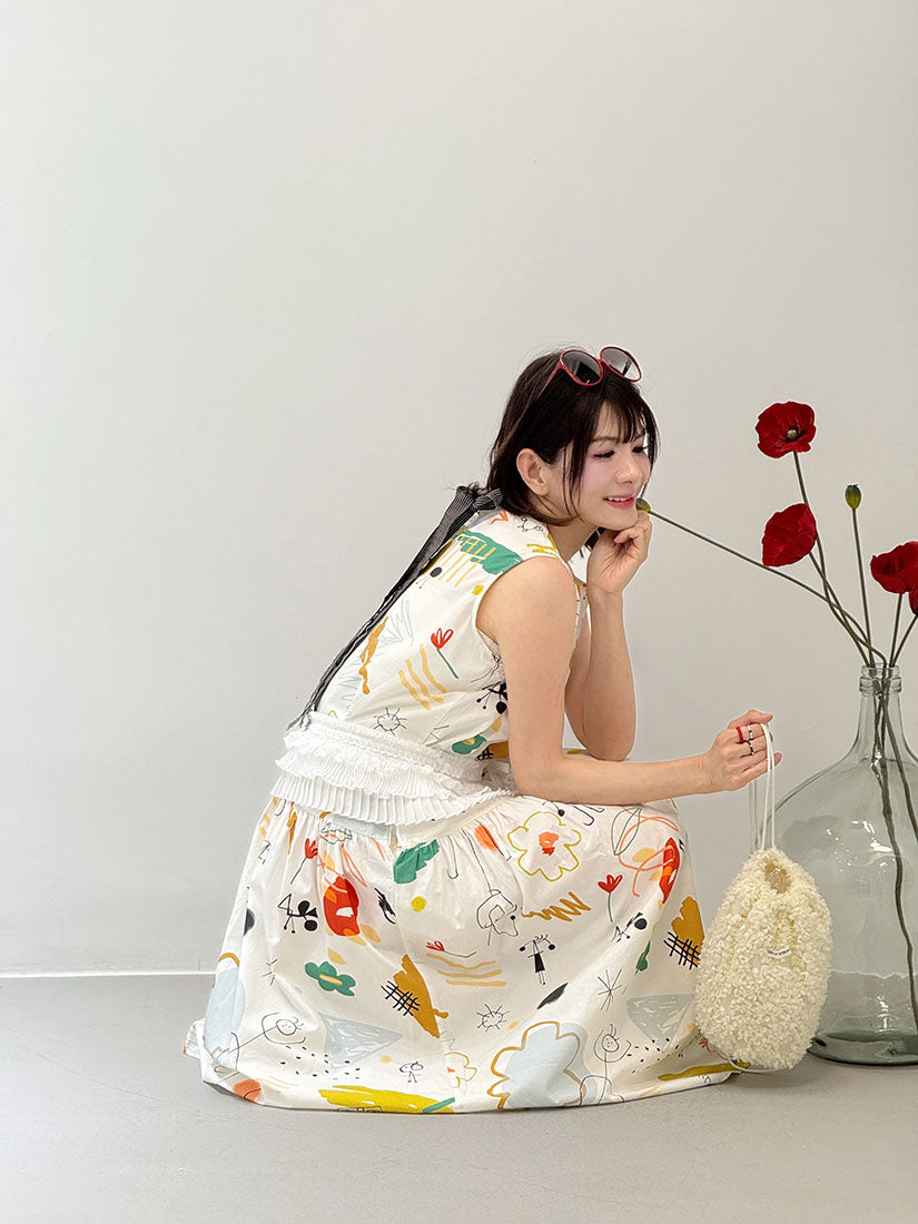Tie Back Playful Printed Sleeveless Dress (2 Colours)