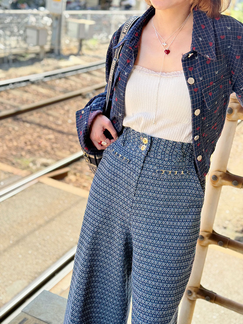 Heart Checkered Denim Crop Jacket