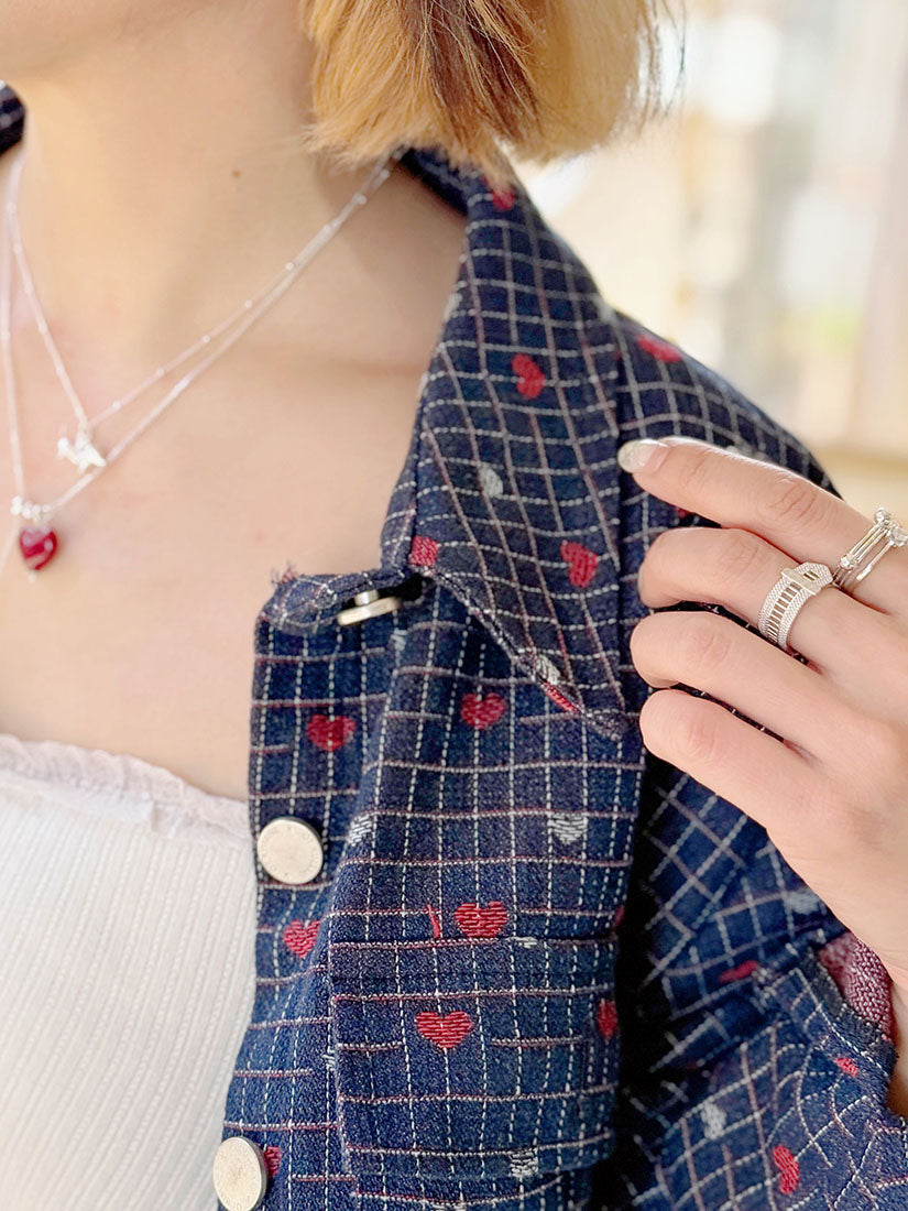 Heart Checkered Denim Crop Jacket
