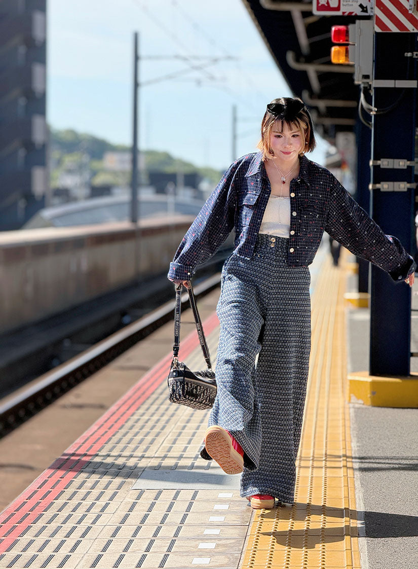 Heart Checkered Denim Crop Jacket