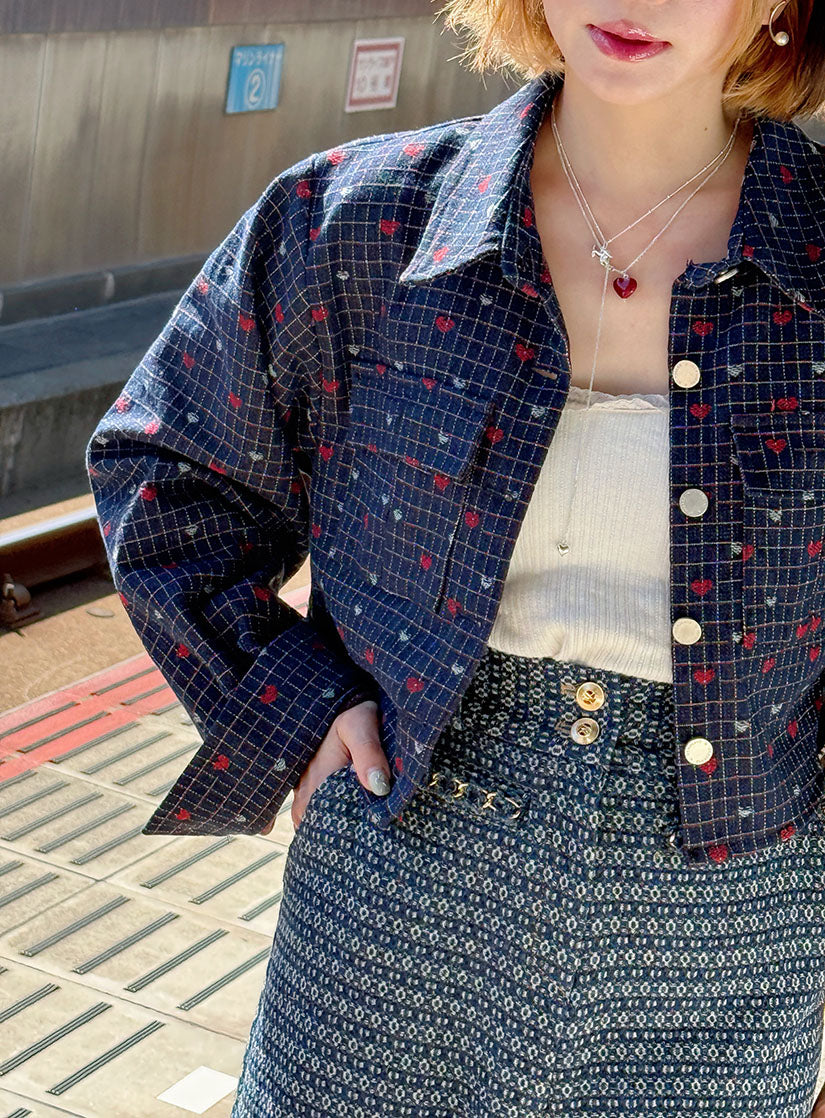 Heart Checkered Denim Crop Jacket