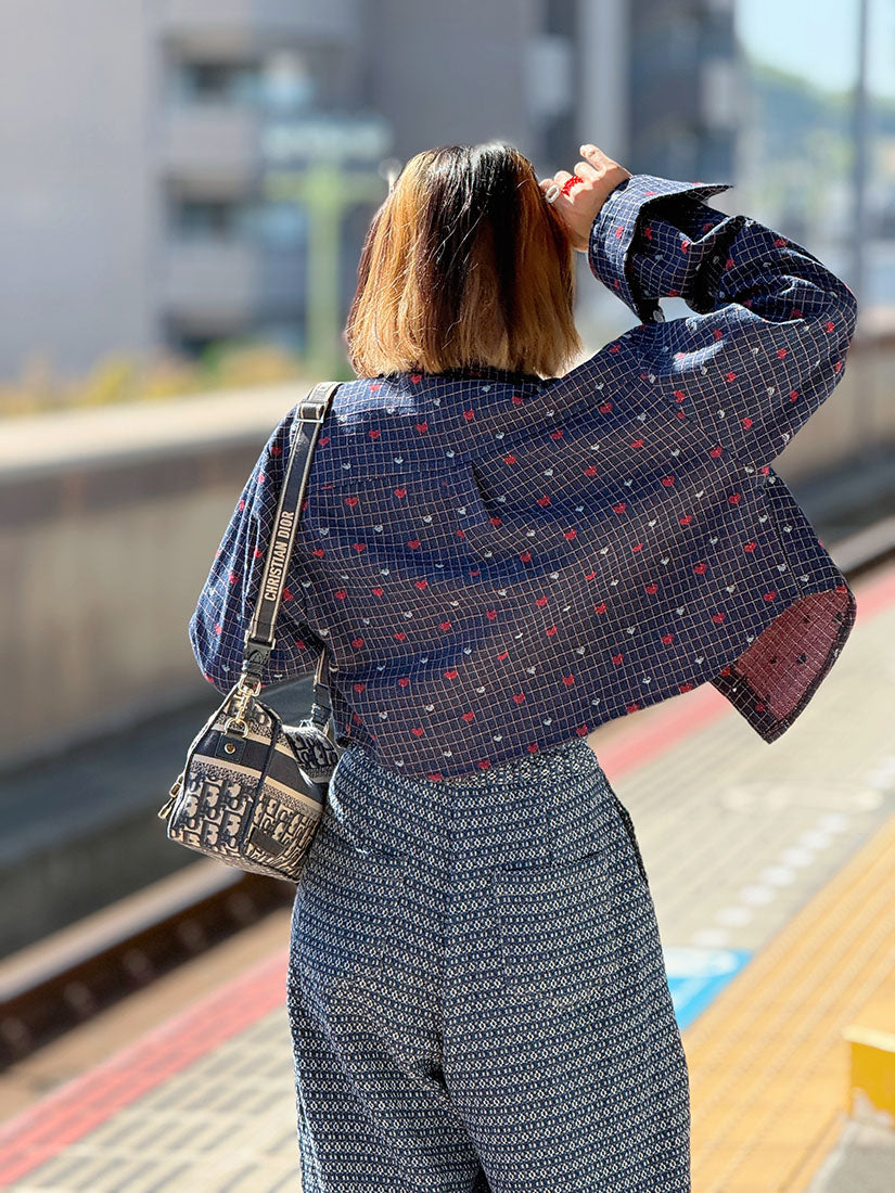 Heart Checkered Denim Crop Jacket