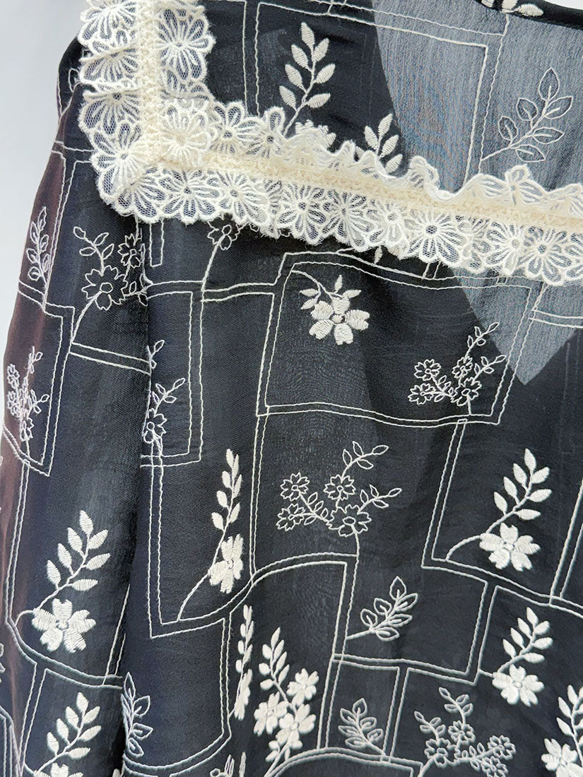 Lace Trim Collar Floral Embroidered Blouse