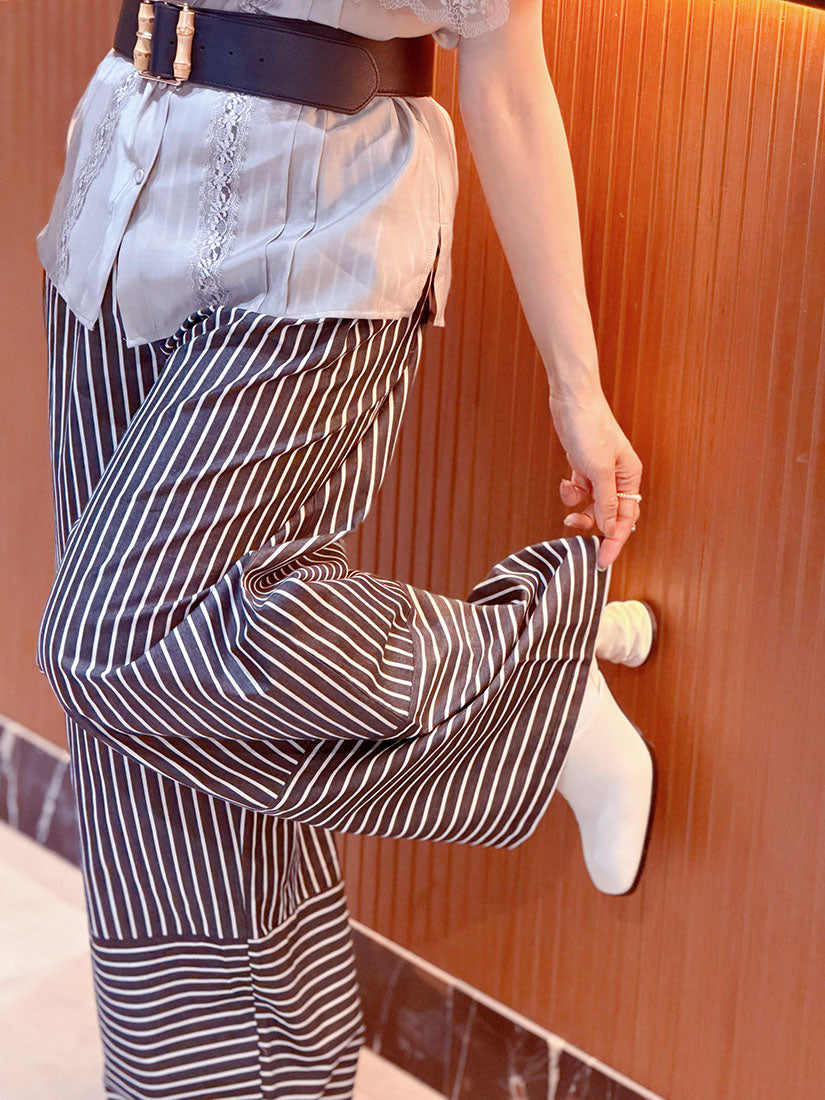 High Cuff Striped Wide Leg Pants (2 Colours)