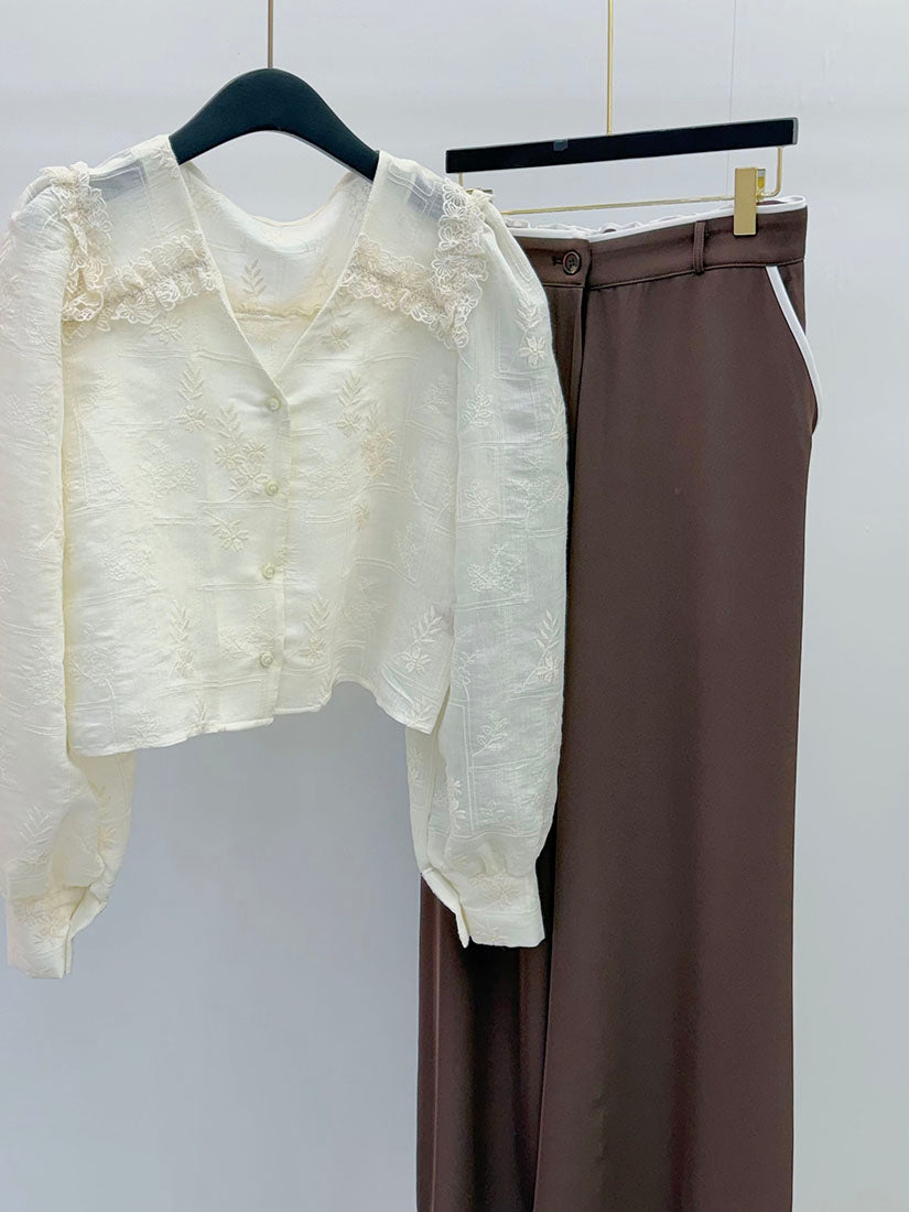 Tonal Lace Trim Collar Floral Embroidered Blouse