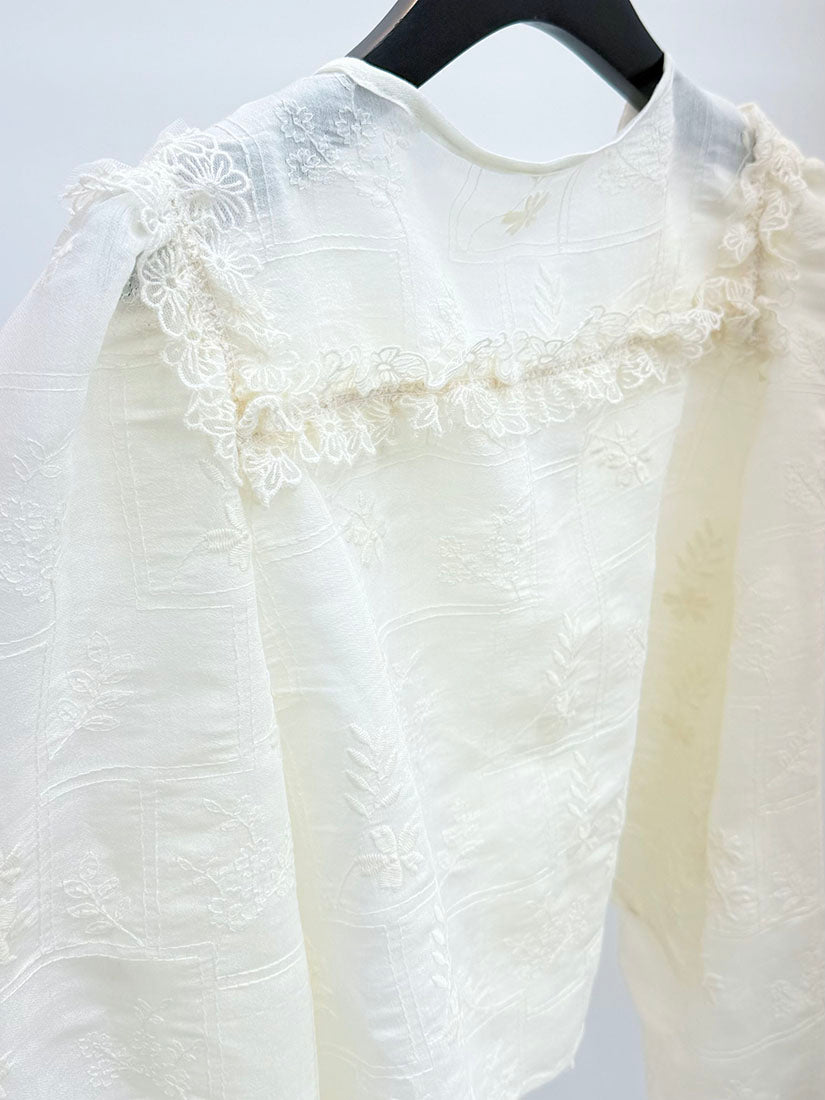 Tonal Lace Trim Collar Floral Embroidered Blouse