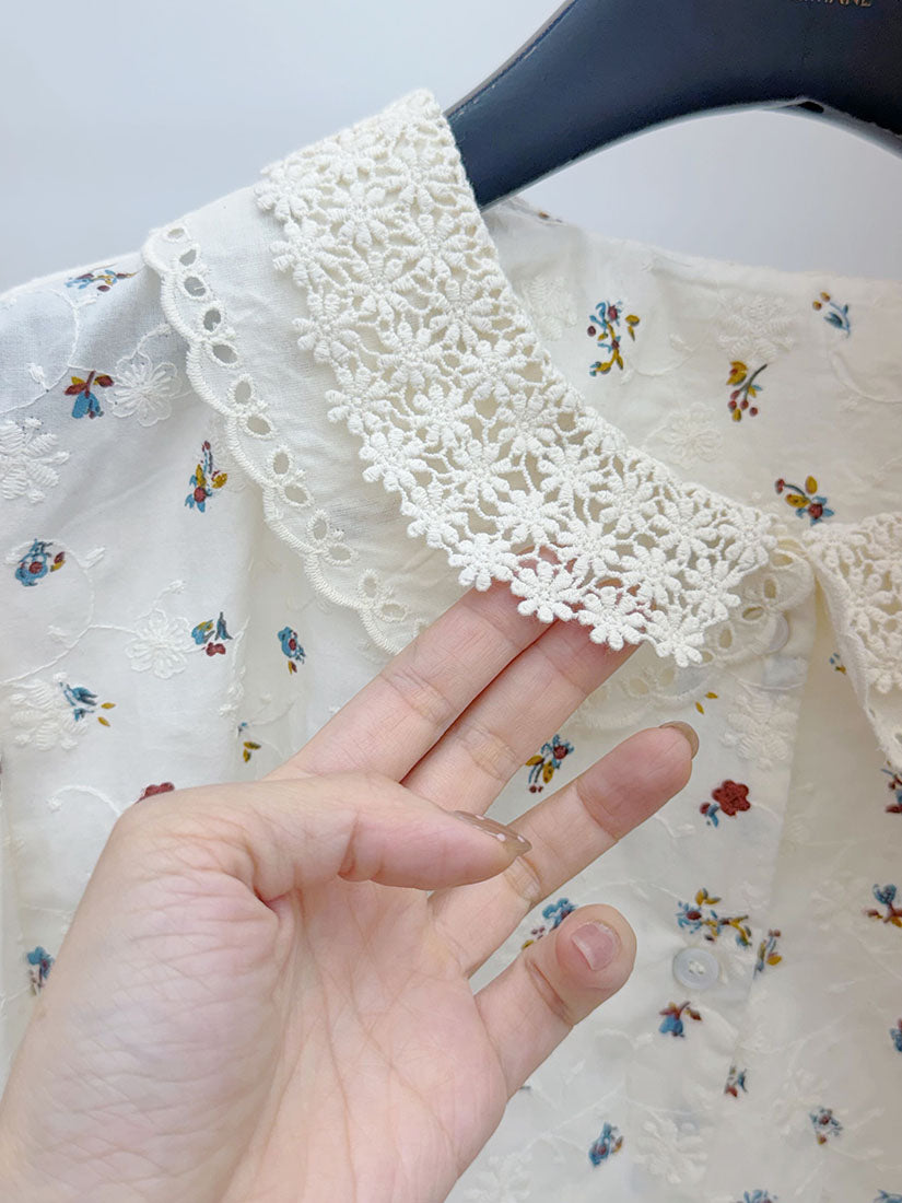 Layered Lace Collar Floral Embroidered With Printed Blouse