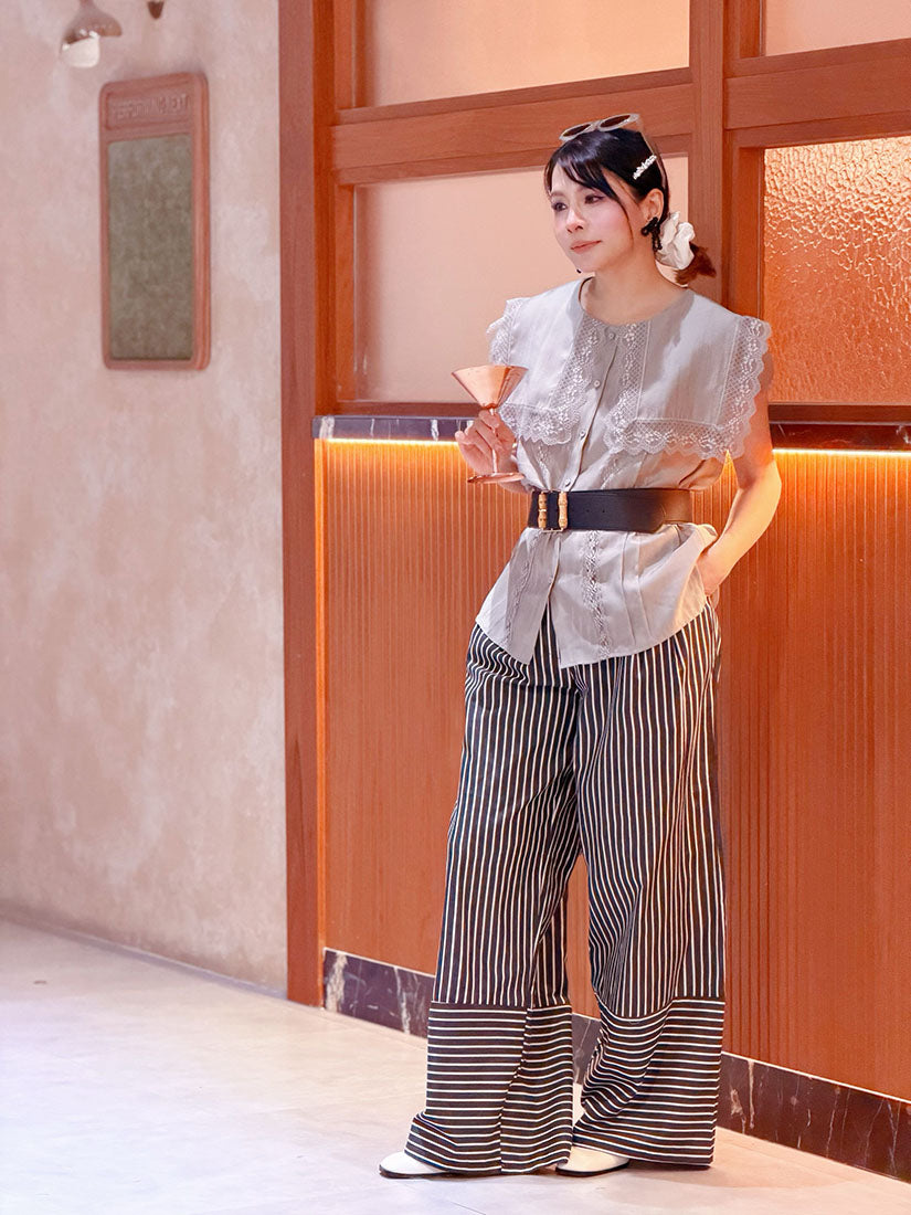 High Cuff Striped Wide Leg Pants (2 Colours)