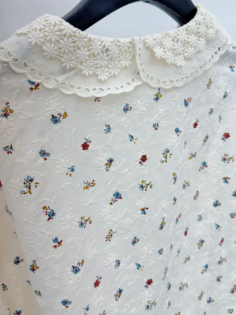 Layered Lace Collar Floral Embroidered With Printed Blouse