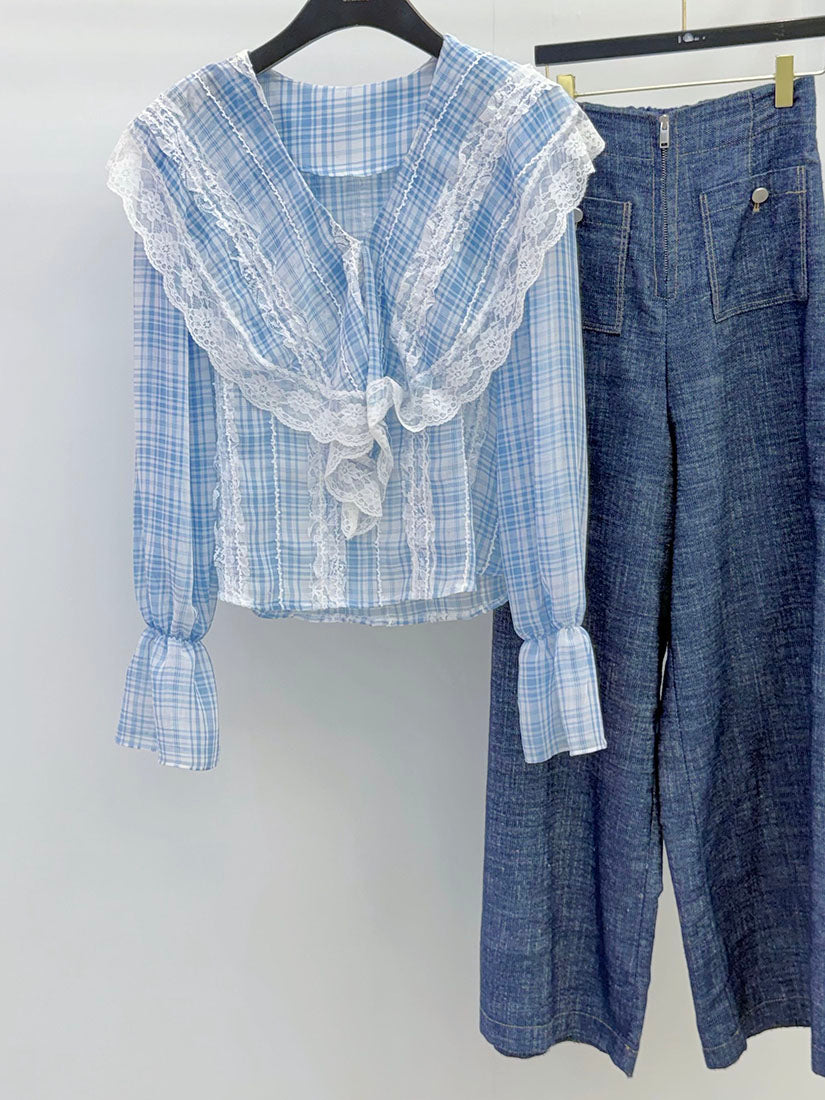 Lace Trim Plaid Blouse