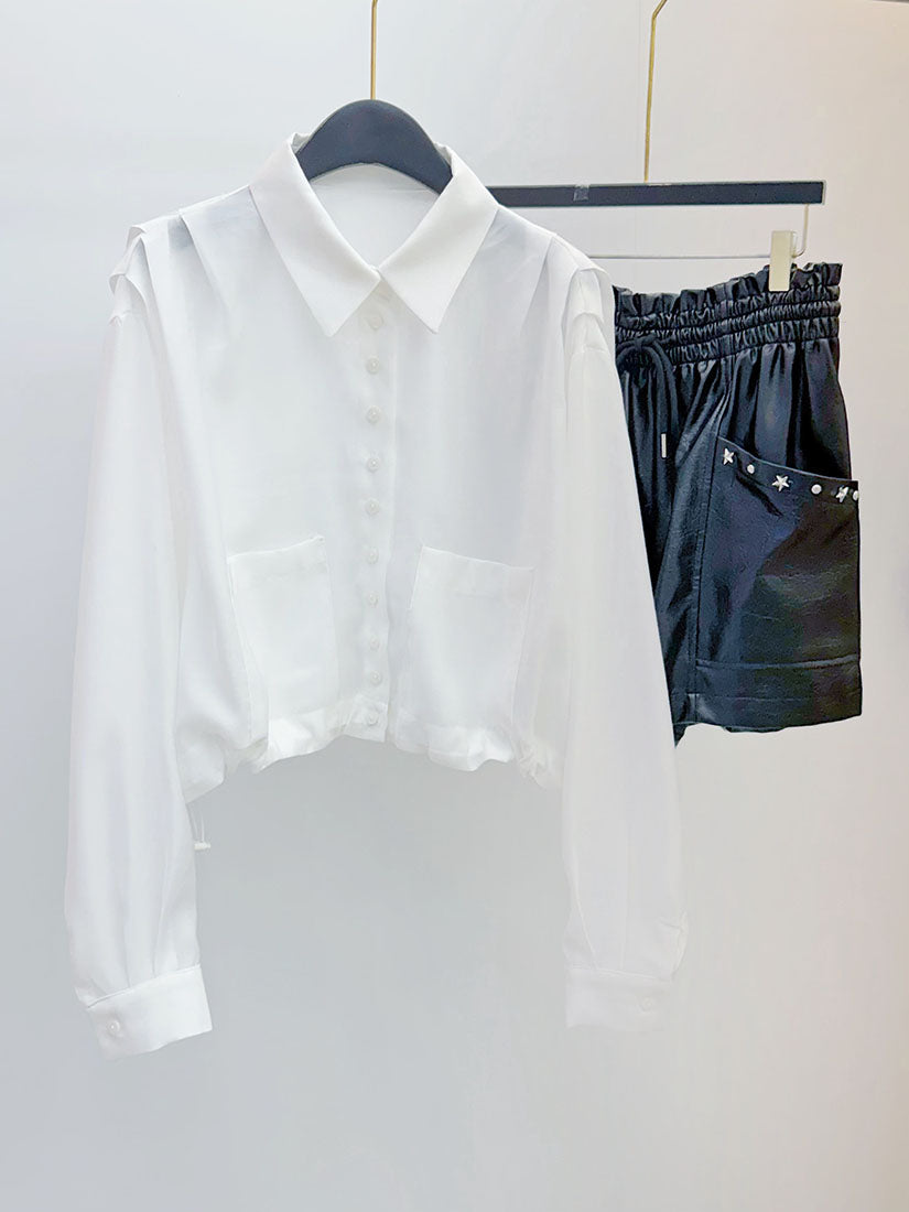 Pleated Shoulder Drawstring Waist Buttony Shirt