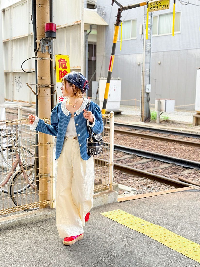 Lace Trim Striped Denim Jacket