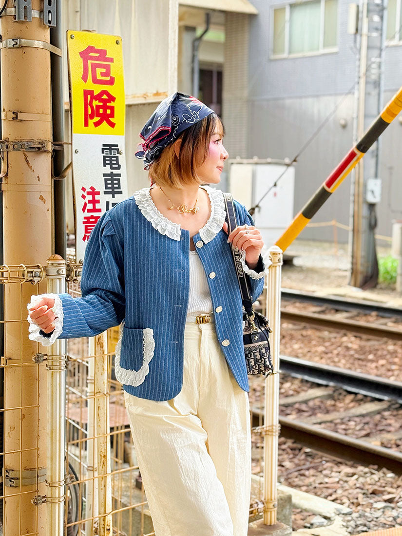Lace Trim Striped Denim Jacket
