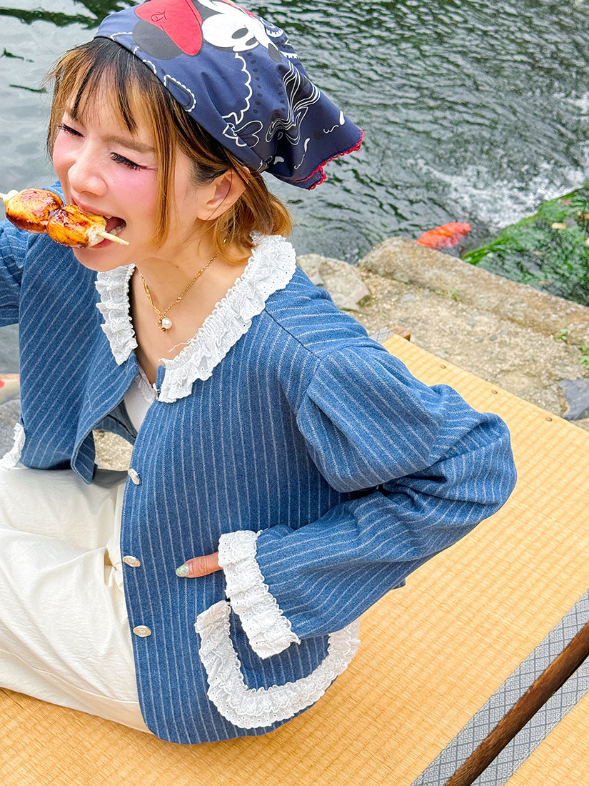 Lace Trim Striped Denim Jacket