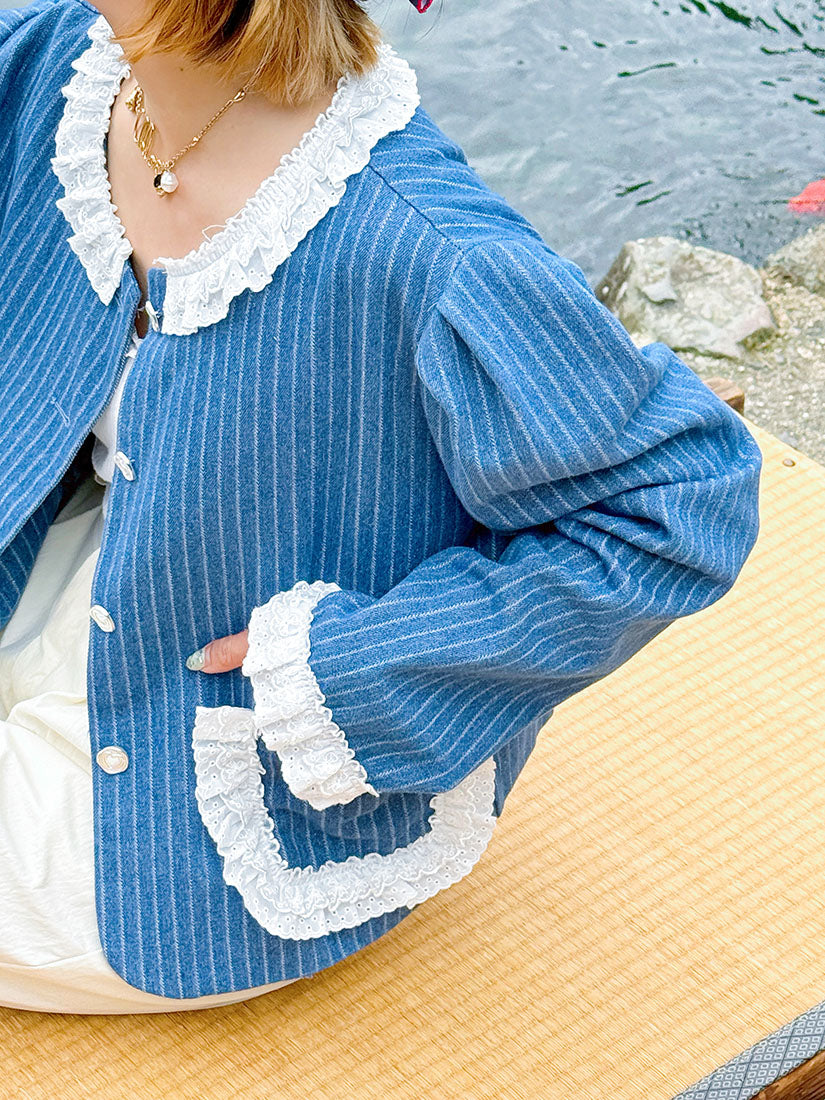 Lace Trim Striped Denim Jacket