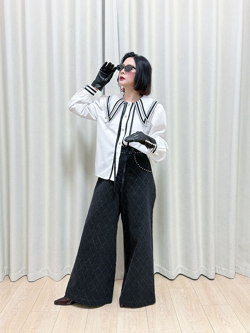 Double Layer Collar Contrast Trim Blouse (2 Colours)