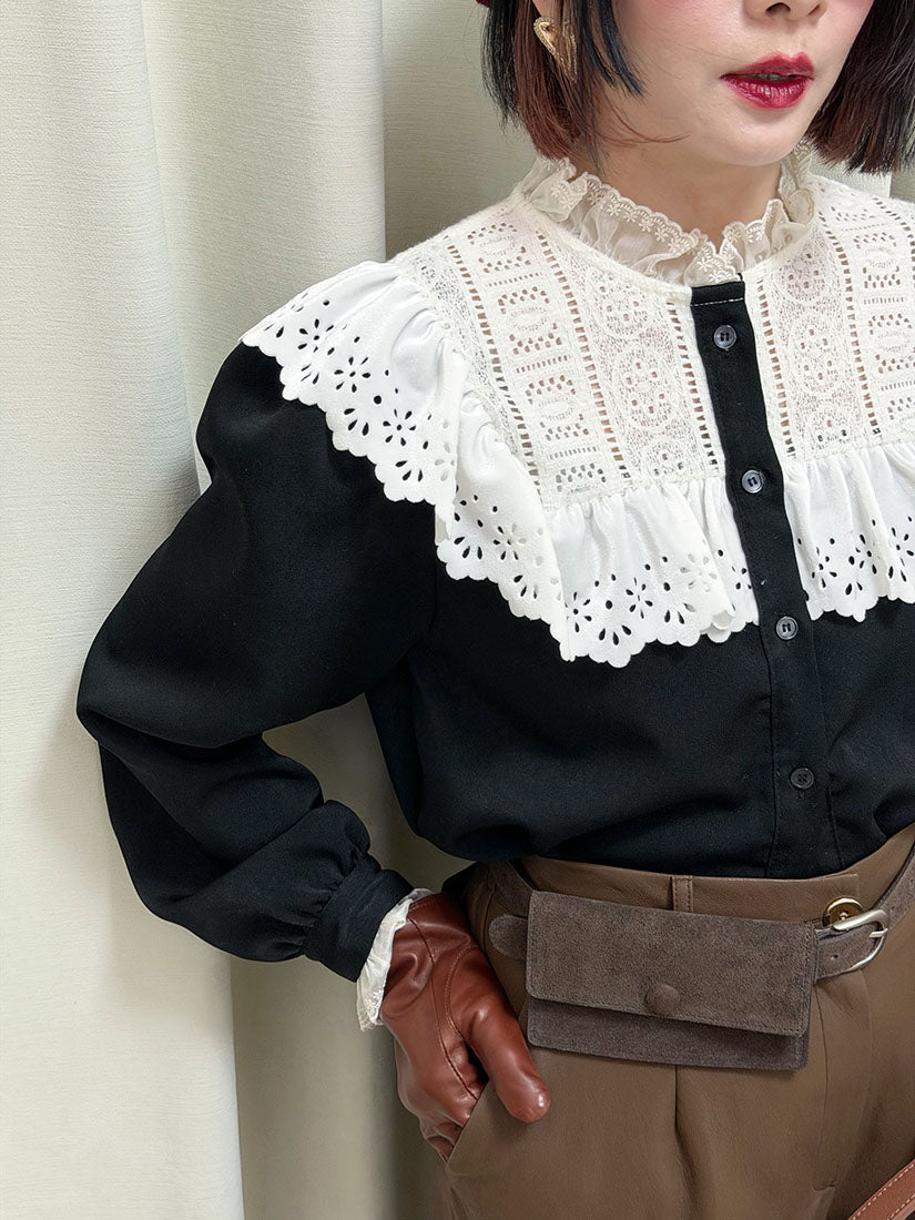 Lace Yoke Ruffle Trim Blouse (2 Colours)