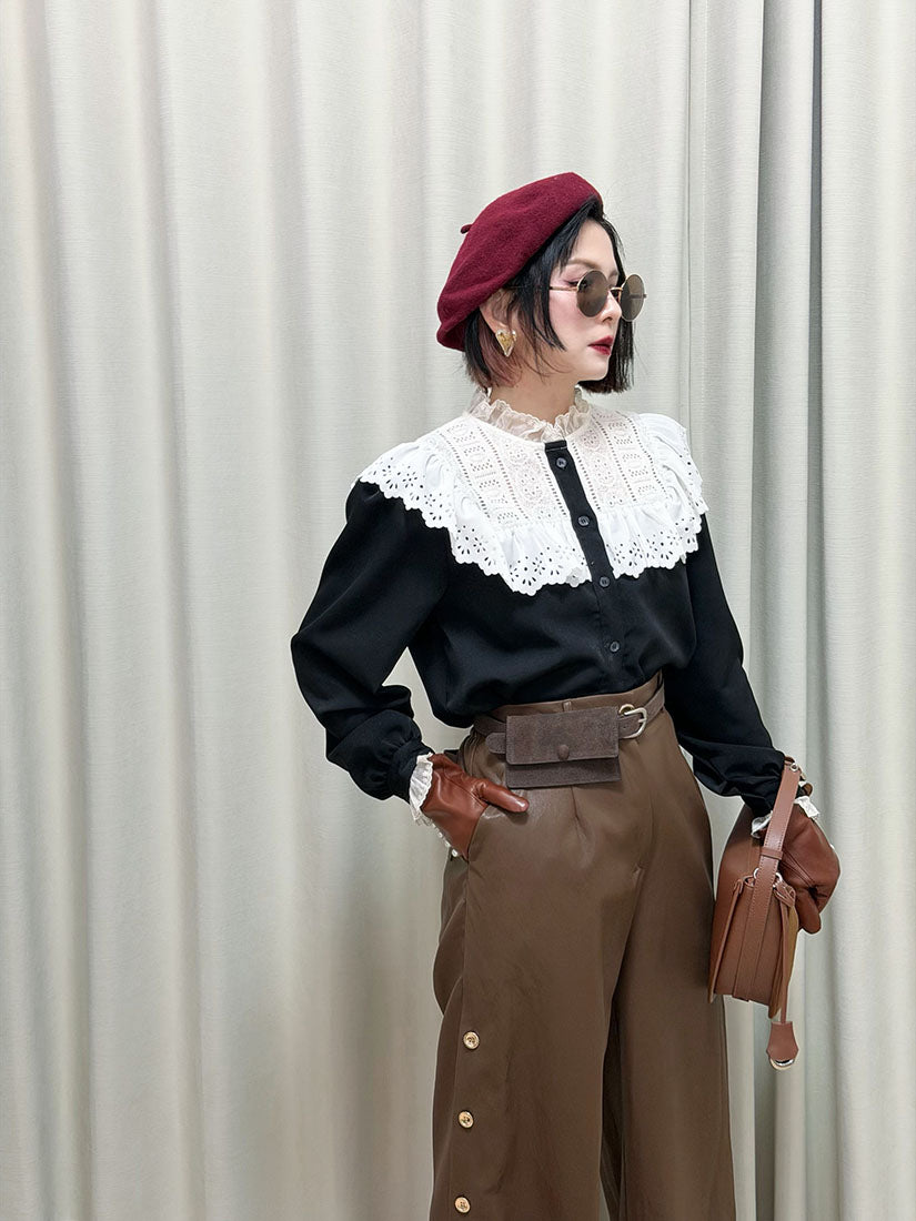 Lace Yoke Ruffle Trim Blouse (2 Colours)