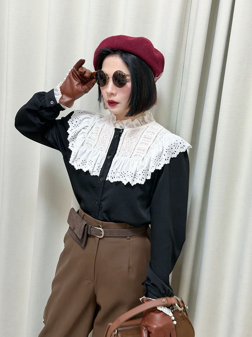 Lace Yoke Ruffle Trim Blouse (2 Colours)