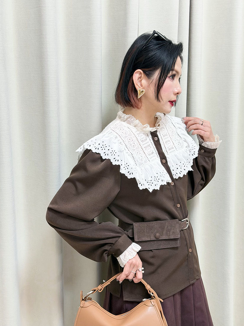 Lace Yoke Ruffle Trim Blouse (2 Colours)