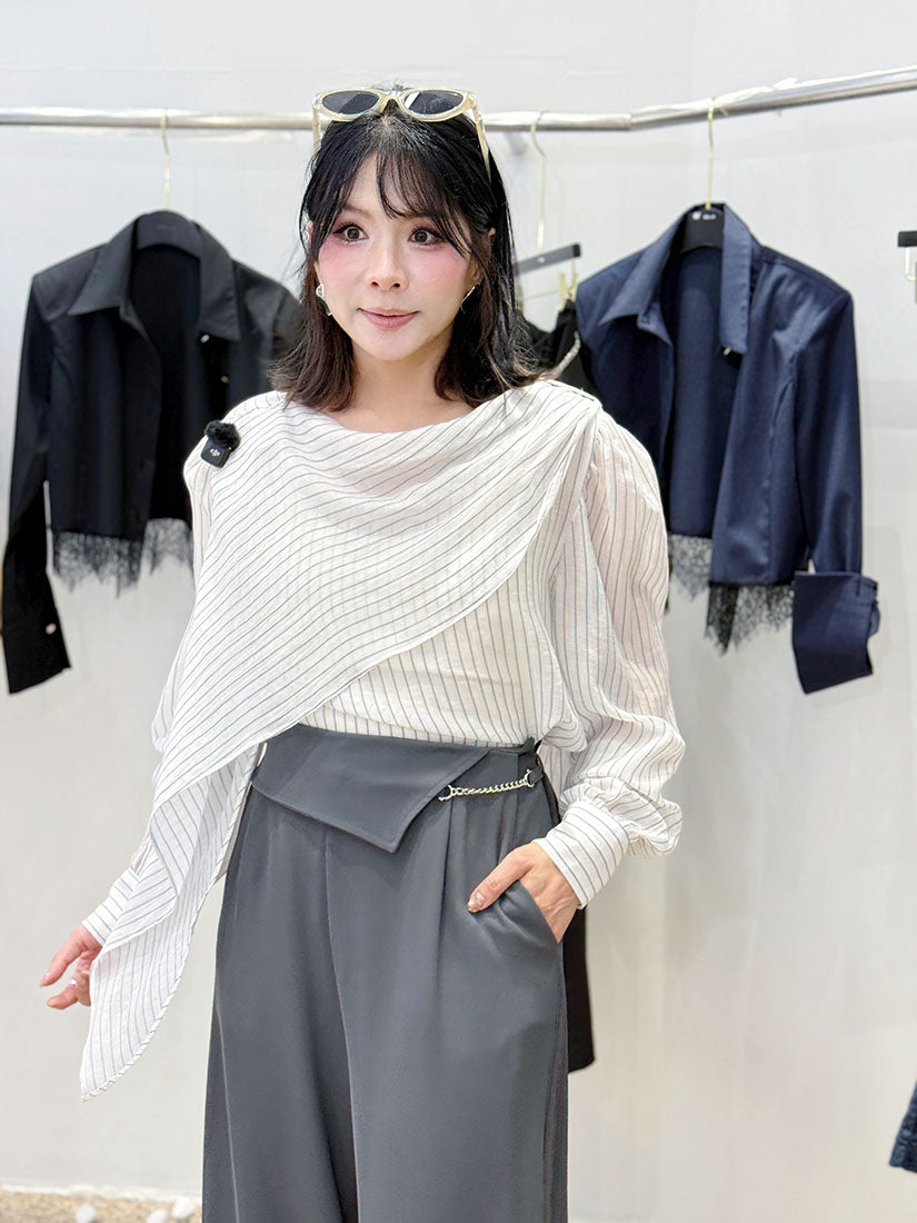 Scarf Drape Striped Blouse