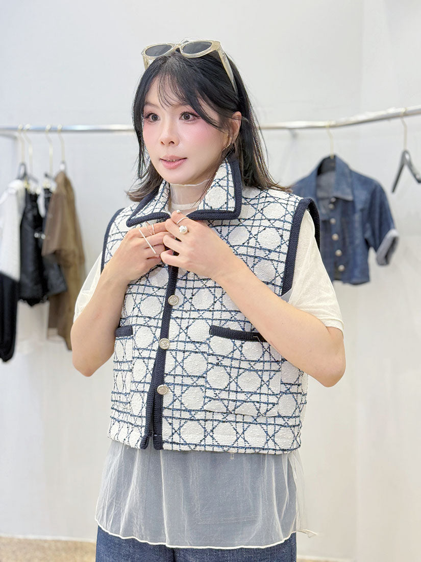 Checked Jacquard Vest Cardigan