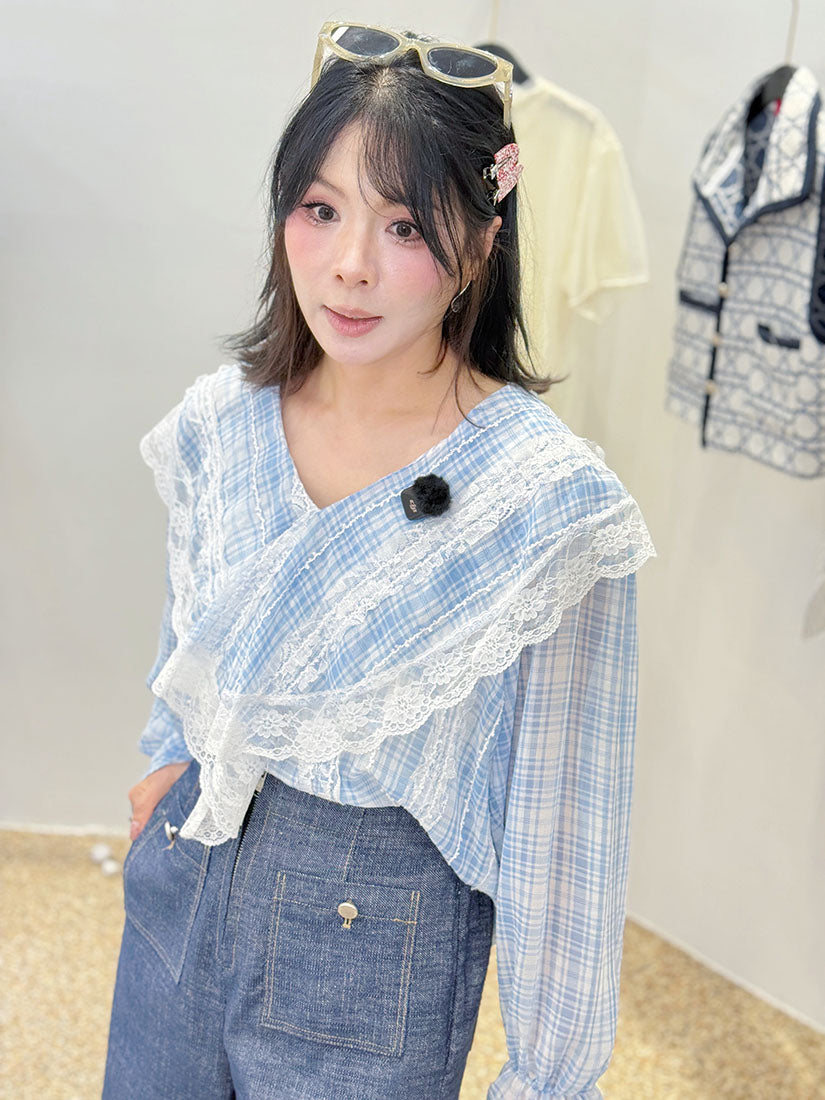 Lace Trim Plaid Blouse