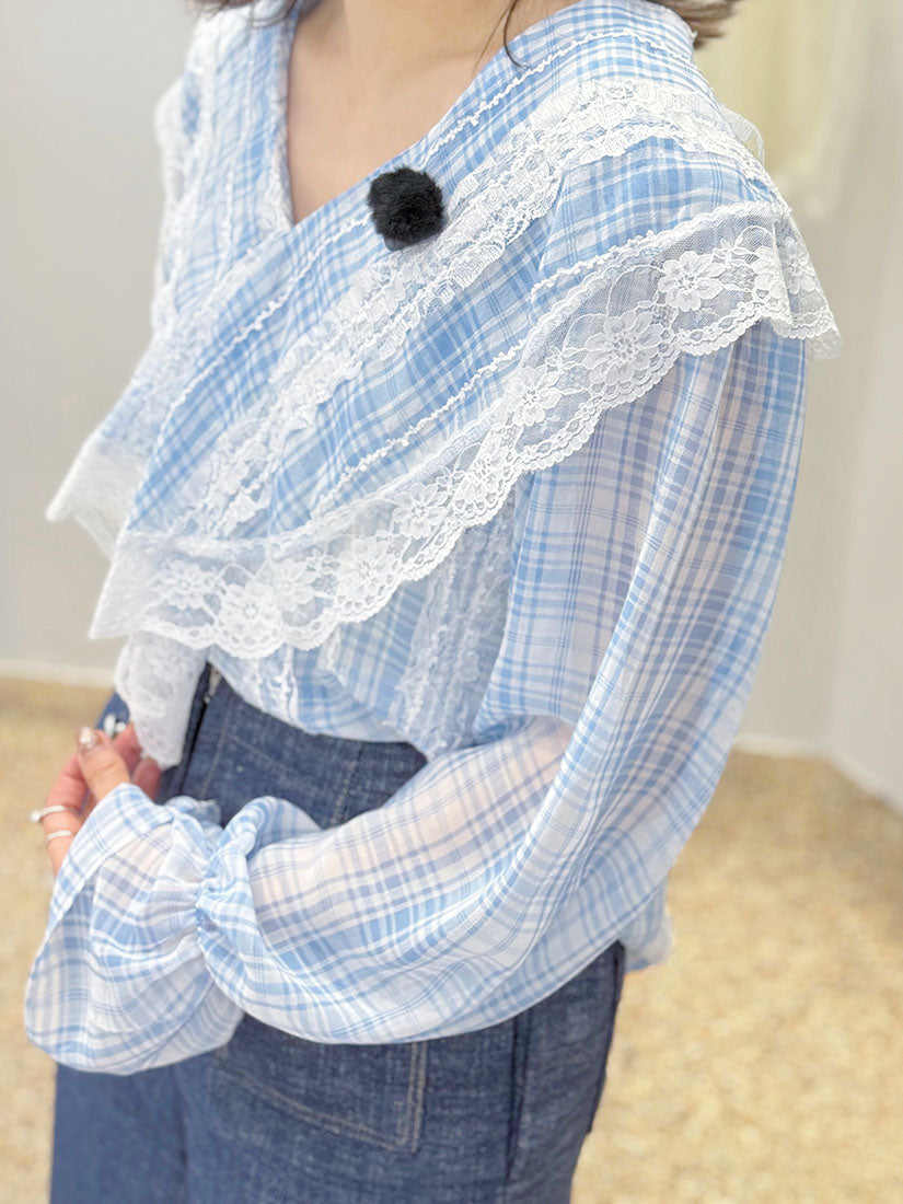 Lace Trim Plaid Blouse