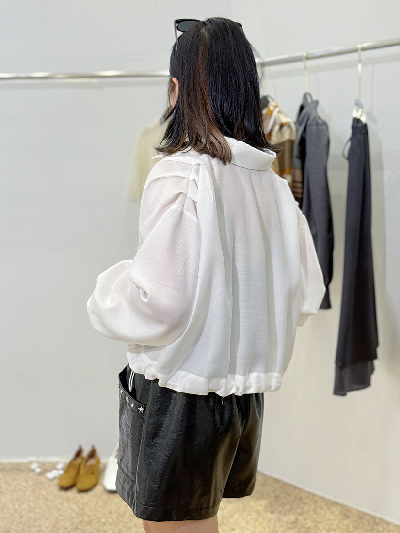 Pleated Shoulder Drawstring Waist Buttony Shirt