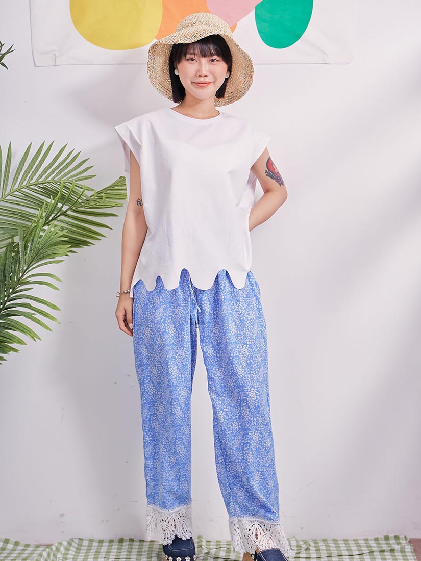 Floral Print Lace Hem Pants (2 Colours)