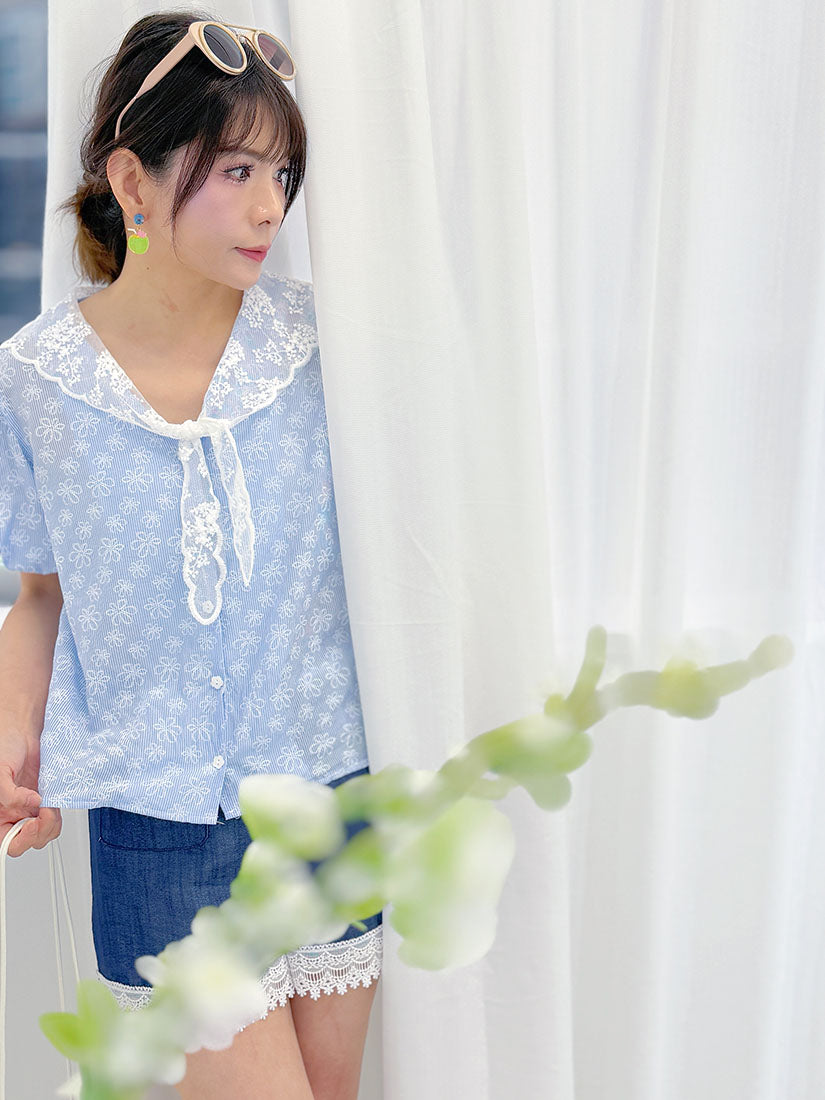 Lace Collar Floral Printed Striped Blouse
