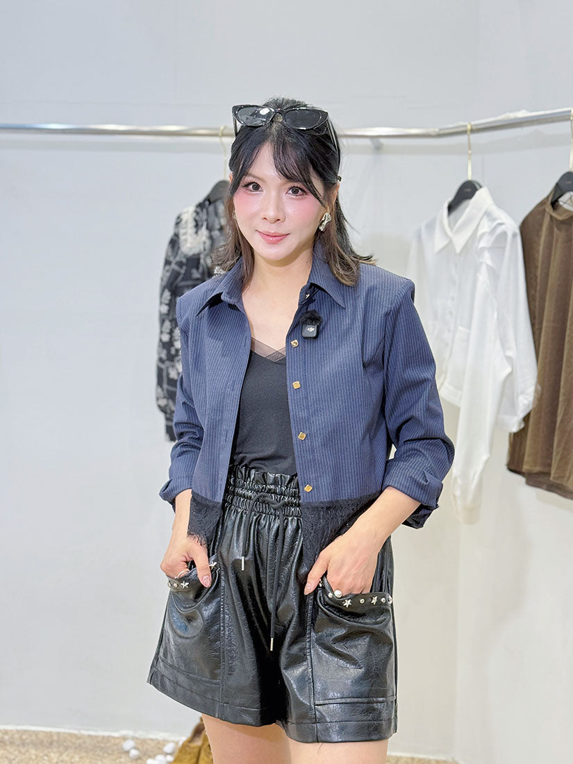 Lace Hem Pin-Striped Crop Shirt (2 Colours)