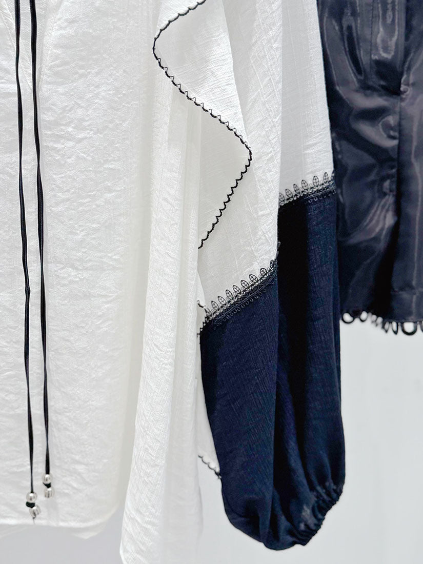 Ruffle Detailed Scallop Stitch Edge Two Tone Sleeve Top