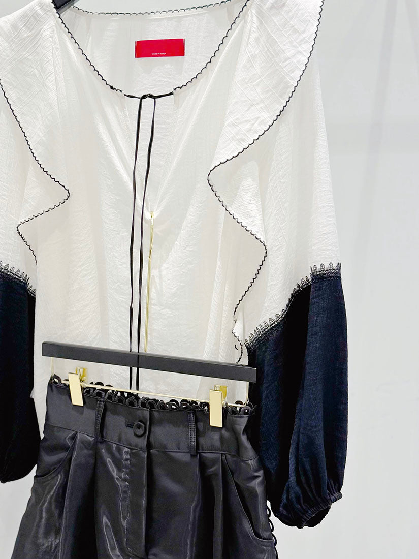 Ruffle Detailed Scallop Stitch Edge Two Tone Sleeve Top