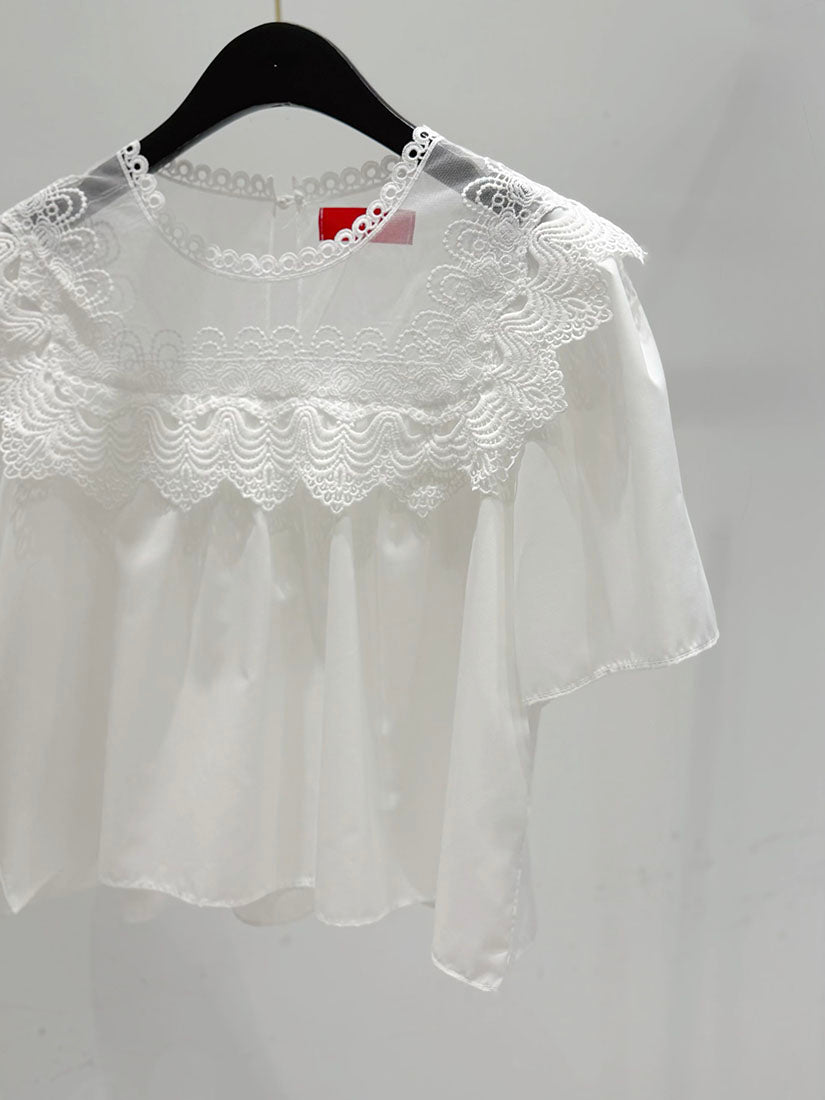 Lace Yoke Trim Short Sleeve Top