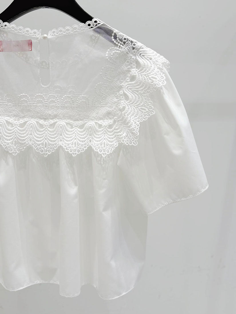 Lace Yoke Trim Short Sleeve Top