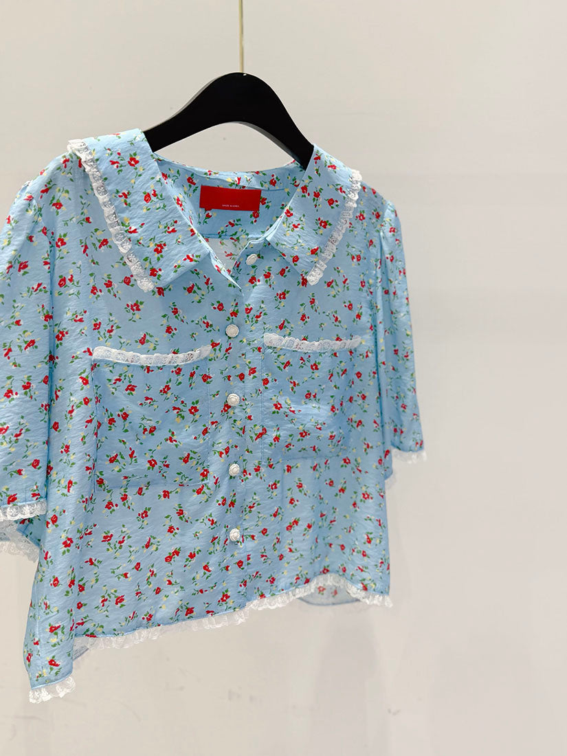 Lace Trim Floral Short Sleeve Shirt