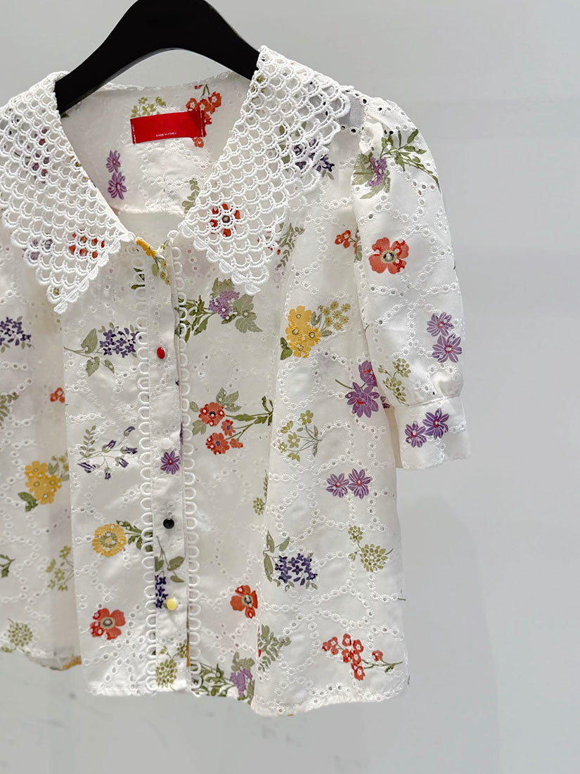 Lace Collar Floral Perforated Shirt
