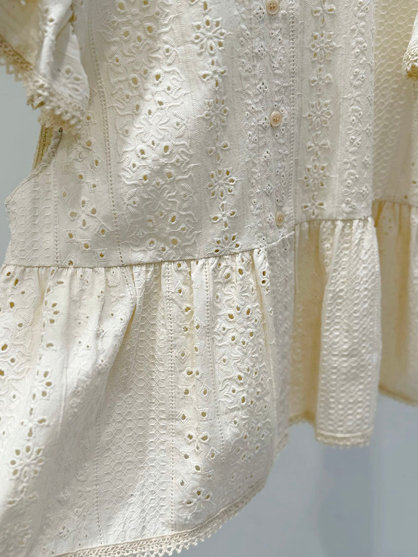 Floral Embroidered Button Up Cap Sleeve Blouse (2 Colours)