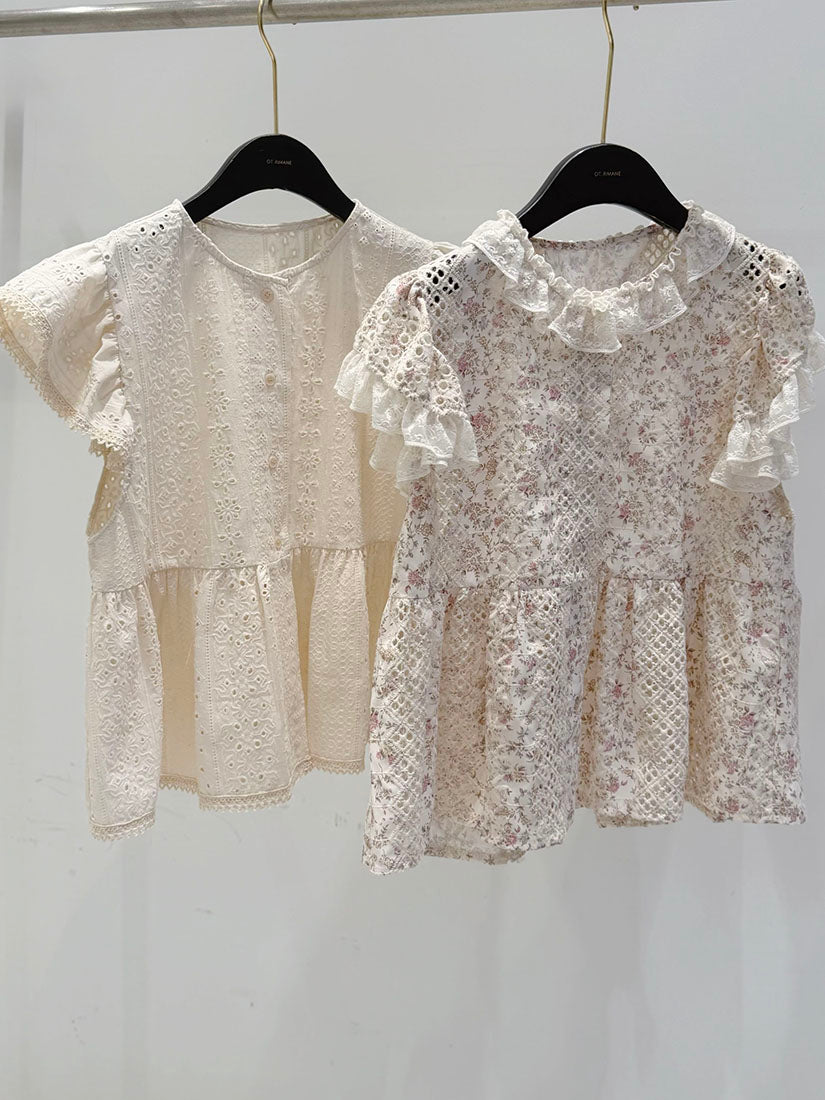 Floral Embroidered Button Up Cap Sleeve Blouse (2 Colours)