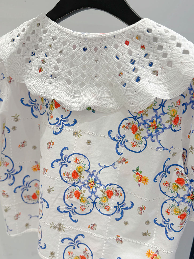 Crochet Lace Collar Floral Perforated Shirt